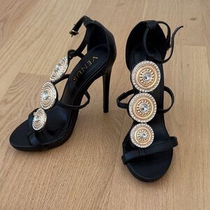 VENUS Black Heels with Gold Embellishments